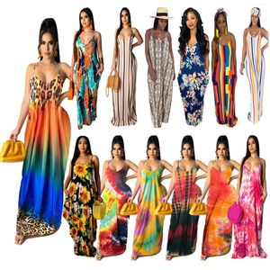 Vestidos casuales sueltos Sling Maxi para mujeres correa de espagueti cuello en V vestidos largos de vacaciones de verano ropa Bohemia 2023