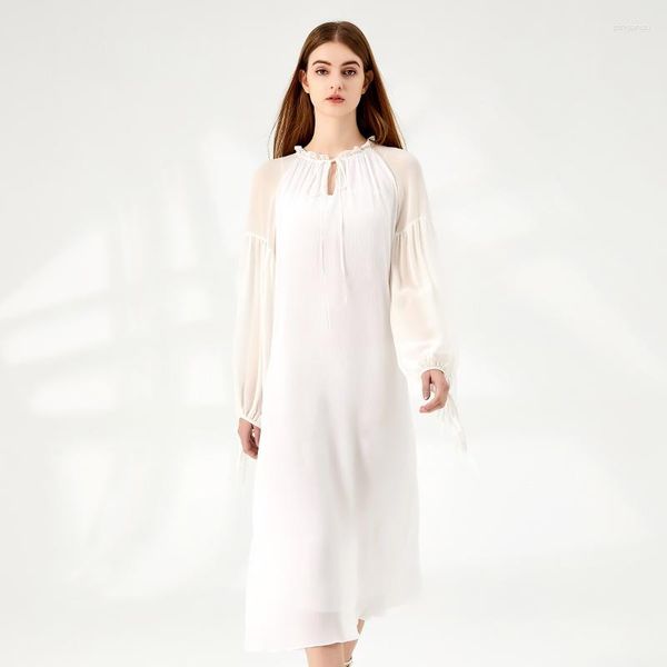 Robes décontractées Love Mulberry Soie Bord Blanc Col V Épissage Georgette Lanterne Manches Longues Taille Lâche Robe Élégante AY223