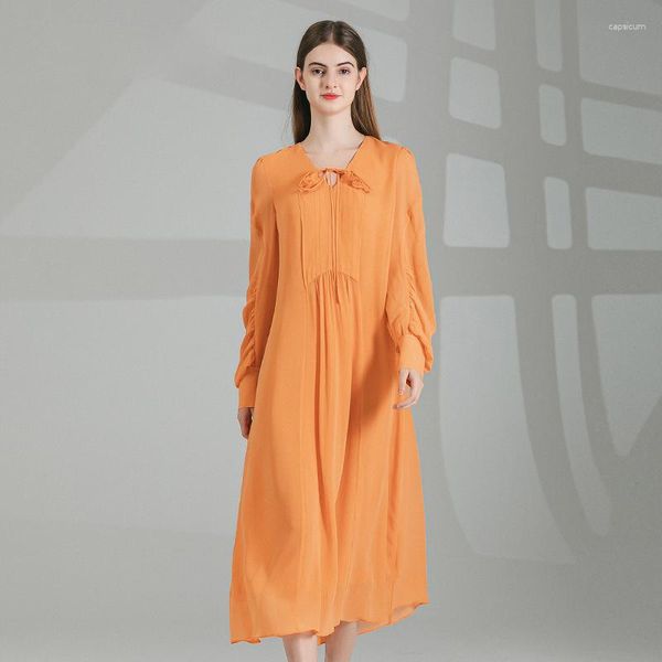 Robes décontractées Love Orange Double couche Georgisand soie col en v lanterne manches longues taille ample légère robe simple AY215