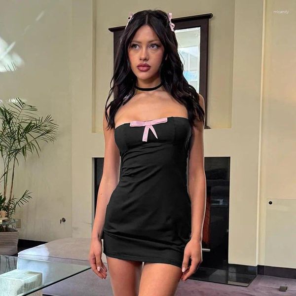 Vestidos casuales Lovely Lady Pink Bow Decorativo Suspender Vestido Verano 2024 Club Sexy Negro