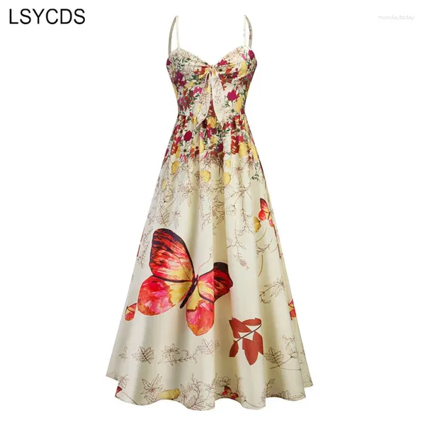Robes décontractées lsycds vintage floral élégant 2024 femmes papillon imprime-cravate d'été avant spaghetti bracelet maxi longue robe