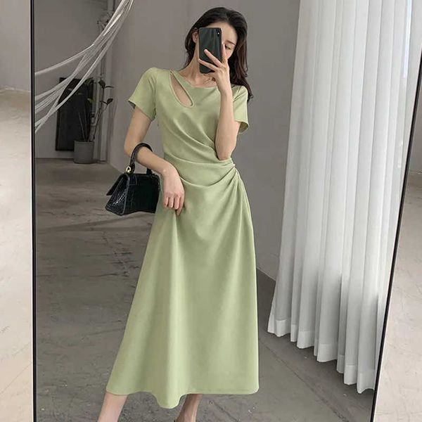 Vestidos casuales Lucyever Fashion Hollow Out Midi Dress para mujer Estilo coreano Cintura alta Vestidos de manga corta Mujer Elegante Slim Fit Vestidos Z0612