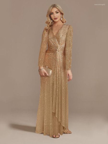 Robes décontractées Lucyinlove luxe à manches longues col en v robe de soirée 2022 fête femmes mariage paillettes pour femmes invités bleu bal Cocktail