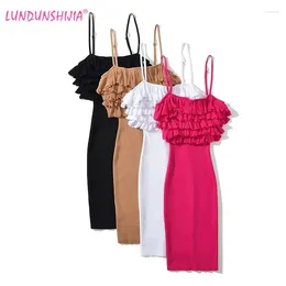 Vestidos casuales LUNDUNSHIJIA Rose Red Petal Cake Decoración Vestido de punto Mujeres Sexy Straps Slim Fit Party Vestidos Femme