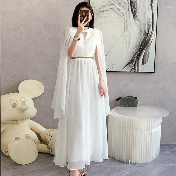 Robes décontractées Luxe 2024 Mode Élégant Blanc Mousseline de soie Femmes Printemps Summer Party Holiday O Cou Sans manches Haut de gamme