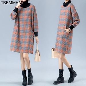 Casual jurken luxe designer lange mouw wollen vintage plaid voor vrouwen losse herfst winter jurk elegante kleding 2021 dames