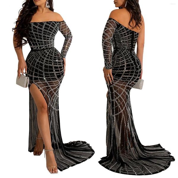 Robes décontractées Diamants de luxe Femmes Robe de soirée Slash Cou High Split Manches longues Sexy Dames NightClub de Noël Image réelle