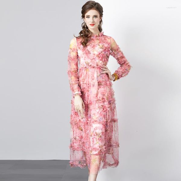 Vestidos casuales Lujo elegante otoño fruncido rosa flor malla vacaciones maxi vestido francés mujeres o cuello volantes impreso cintura alta vestidos largos