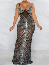 Casual jurken Luxe avond 2023 MESH PERSPEETTEN MIRORS STRICESTONEN SPAGHETTI RAND Lange mantel Sexy Sling Floor Length Vestidos