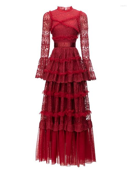 Vestidos casuales de lujo femenino primavera otoño alta calidad moda fiesta malla encaje rojo elegante dulce chic chicas largas para mujeres