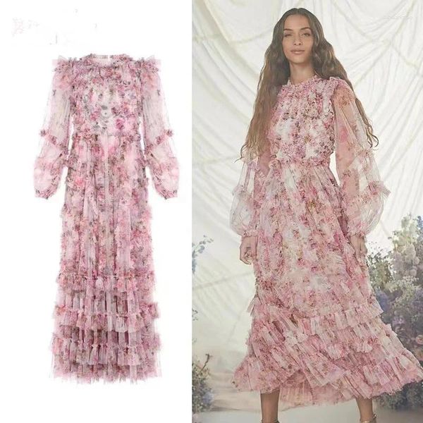 Robes décontractées luxe français élégant printemps rose rose fleurie robe longue robe longue pour les femmes o couches de manches bouffantes