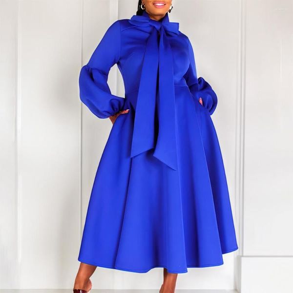 Robes décontractées Luxe Long pour les femmes Automne Hiver 2023 Collier d'arc à manches longues Une ligne mi-mollet Vintage Femme Robe de fête d'anniversaire