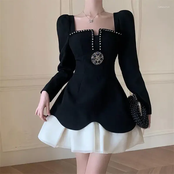 Robes décontractées Robe de soirée de luxe Vintage élégant femme potelée haut de gamme automne doux épicé petit noir coréen perles à manches longues volant