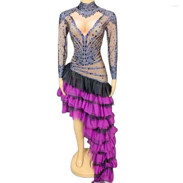 Vestidos casuales de lujo púrpura corte asimétrico fruncido vestido Sexy cristal Rhinestone largo para boda fiesta mujer baile escenario disfraces