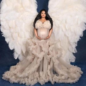 Robes décontractées luxe à volants Tulle kaki maternité pour Po Shoot avant fendu avec boutons-pression robes élégantes bébé douche DressCasual
