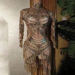 Robes décontractées de luxe à paillettes imprimées franges en cristal strass de jus de saut en or femme danseur de scène en soirée