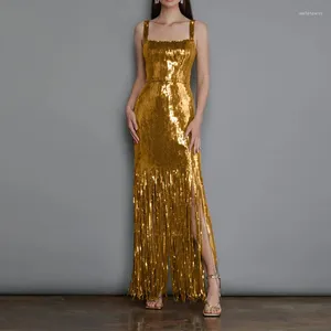 Casual jurken Luxe zomer dames sexy halter mouwloos goud slim-fit tas heup a-lijn lange franje jurk
