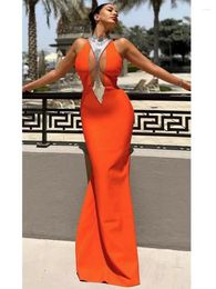 Robes décontractées de luxe Femmes célébrités Sexy Key Hole perle orange maxi long bandage bandage robe élégante soirée de club de soirée