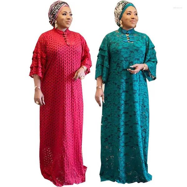 Robes décontractées de luxe Femmes en dentelle complète Hollow Out robe african traditionnel Boubou Robe dashiki Long musulman musulain Abaya Kaftan Vêtements