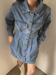 Casual jurken ly varey lin veer dames mode revers revers spreekje denim jurk dame vintage slanke hoge taille a-line short Jean