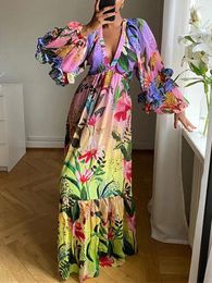 Robes décontractées lzequella boho imprimé floral profond V couche volant longue robe de vacances fête été 2024 vestidos