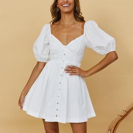 Robes décontractées LZEQuella Vintage femmes blanc Mini robe 2023 lanterne manches Sexy col en V boutons élégant court taille haute VestidosCasua