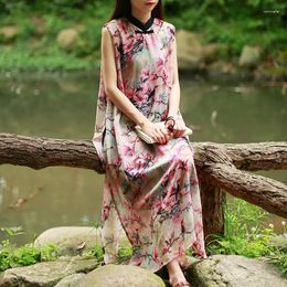 Vestidos casuales LZJN estilo popular vestido sin mangas de verano para mujer vestido de verano rayón Floral sin mangas Cheongsam elegante ropa china bata de mujer