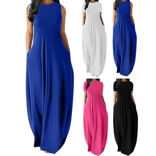 Robes décontractées M-3XL 4 couleurs surdimensionnées poches à col rond robe longue solide à manches courtes taille haute femmes fête d'été voyage quotidien Maxi porter