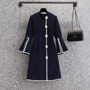 Casual Jurken M-4xxwomen Frans Vintage Flare Mouw voor Dames O Hals Pearl Button Office Dames ElegantBlack Midi Koreaanse Robe