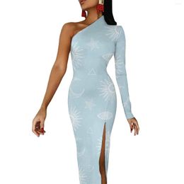 Casual Jurken Magisch Symbool Bodycon Jurk Vrouwen Witte Maan Zon Sterren Leuke Maxi Lange Mouw Esthetische Design Gift