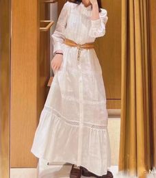 2024 Primavera/Verano nuevo vestido Casual Ma-je vestido largo blanco hueco con cuello de encaje francés mezclado de lino
