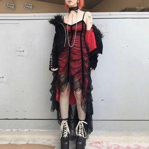 Vestidos casuales Mall Goth Mesh Lace Vestido plisado Mujeres Gothic Black Dark Academia Estética Verano Midi Irregular Punk Emo Ropa
