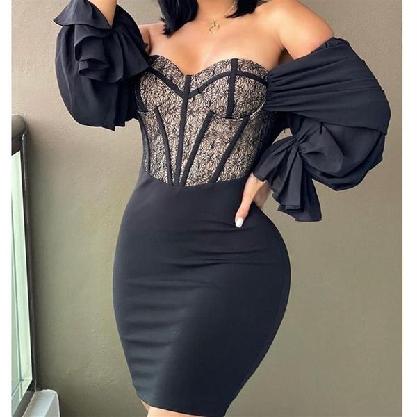 Robes décontractées Mandylandy Low Cut Noir Moulante Robe Sexy Tube Top Femmes Slash Col Dentelle Manches Longues Serré Taille Haute 279p