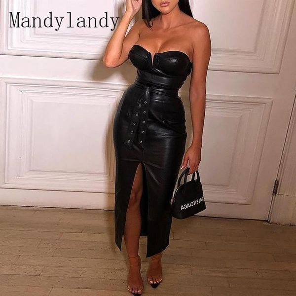 Robes décontractées Mandylandy PU robe femmes bustier tubulaire Sexy serré fendu en cuir tenue de club dames sans manches taille haute noir Rivet