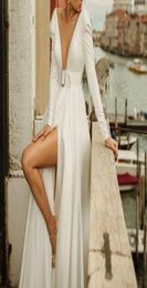 Casual jurken mandylandy retro sexy jurk vrouwen solide kleur achterles diep v lange maxi witte mouw midwaist split vneck jurk5596489