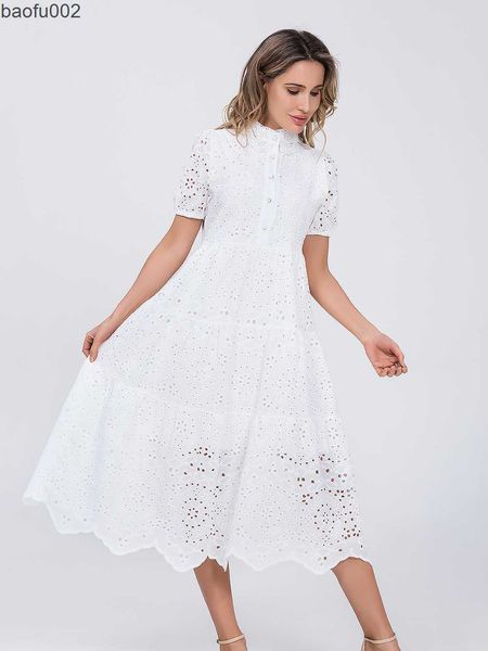 Vestidos informales Marwin algodón ahueca hacia fuera el vestido blanco del verano de las mujeres vacaciones perppy casual cintura alta con volantes mini vestidos una línea de volantes vestido W0315