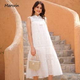 Casual jurken Marwin Long Simple Casual Solid Hollow Out Pure Cotton Holiday Style Hoge Taille Fashion Mid-Kalf Summer Dresses Vestidos 230420