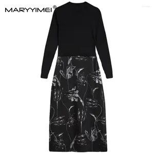 Robes décontractées Maryyimei Automne / hiver Robe des femmes à manches longues Patchworks Patchworks imprimé noir élégance