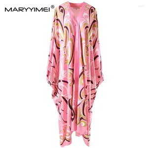 Robes décontractées Maryyimei mode automne hiver robe femme manches chauve-souris col en v rayé imprimé asymétrique robe ample rose