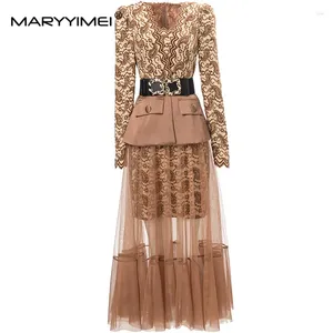Casual jurken Maryyimei Fashion Designer Spring damesjurk V-hals met lange mouwen paisley flocking riem ruches patchwork mesh slank