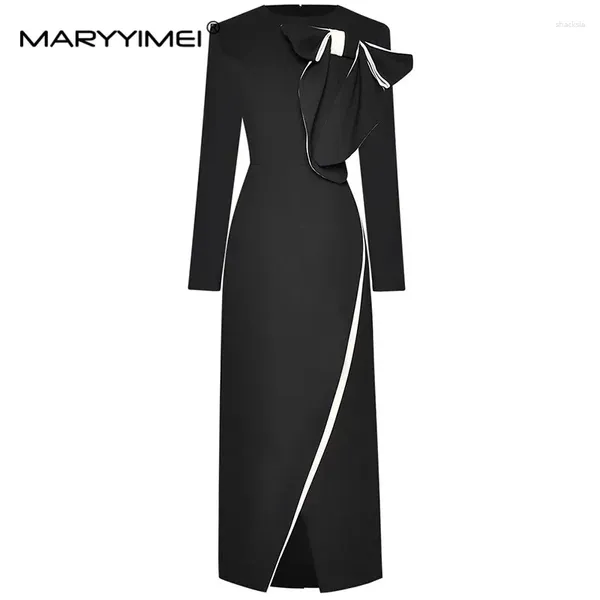 Robes décontractées Maryyimei Fashion Designer Automne Robe pour femme à manches longues Bow Slim Package Hip Élégant Banlieue Split