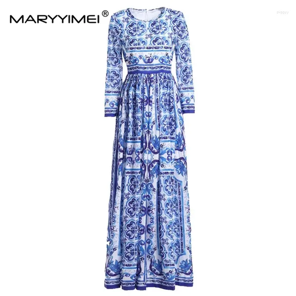 Robes décontractées Maryyimei Fashion Designer Robe Printemps Automne Femmes Manches longues Classique Bleu et Blanc Porcelaine Imprimer Maxi