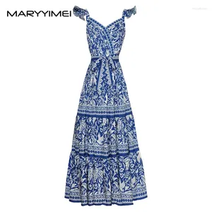 Vestidos informales Maryyimei Fashion Summer Vestido para mujeres Ruffles Correa de espagueti Azules