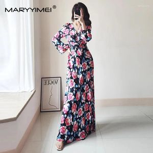 Casual jurken Maryyimei Fashion Women's 2024 Spring Rose Gedrukte Boho V-hals lange mouwen lange mouwen lange jurk met een lange mouwen