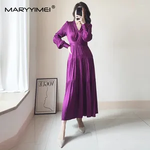 Robes décontractées Maryyimei Fashion Women 2024 Spring Purple Purple Dark Jacquard plissée haute robe élégante à col à manches longues élégantes