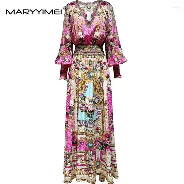 Robes décontractées Maryyimei Fashion Fashion Femme Silkworm Silk Long Robe Fairy Fairy Rose Red Mirror Print Sleeve V-Neck Big Swing