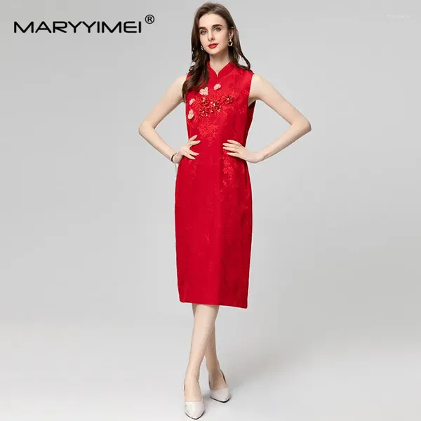 Robes décontractées Maryyimei Fashion Women's Stand-Up Cold-Up Sans manches Perles d'ongle Jacquard Jacquard Broidered mixte Vintage Tank Midi Robe