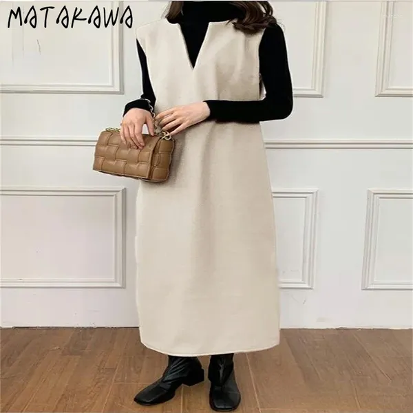 Vestidos casuales Matakawa Woolen Women Match Solid Outumn Winter Japan Style Vestidos Loose Vestidos elegante V Neck Sleev Sobe Femme