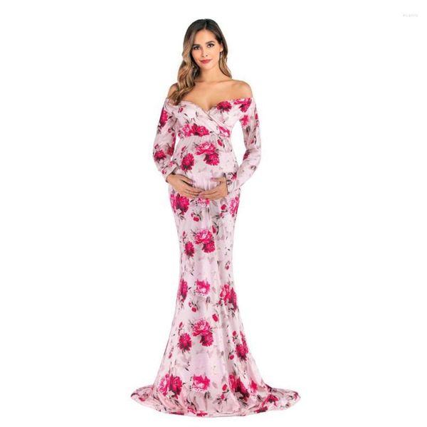 Vestidos casuales Maternidad para Pografía Mujeres Embarazo V Cuello Vestido de manga larga Impresión Tailing Vestido de Novia Emb