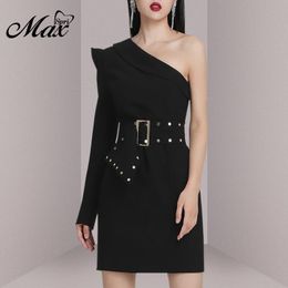 Casual jurken Max Spri Fashion Office Ladies Sexy een schouder lange mouw hoge taille klinknagel Buckle Sash Slim Mini Dress 2023 Collectie